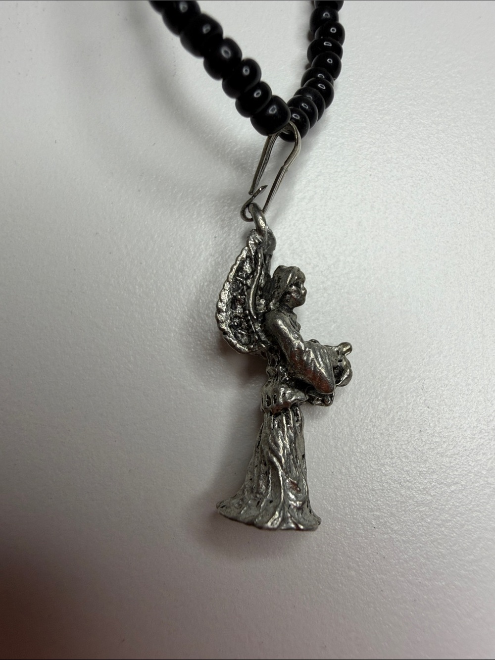 Vintage Silver Angel Pendant Necklace with Black Beaded Chain